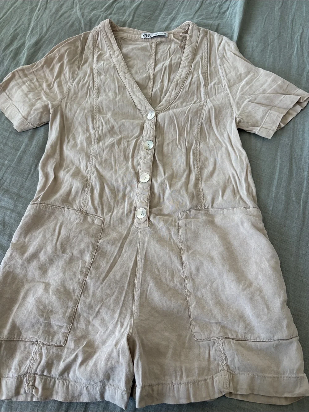 Zara Beige V-Neck Button Front Linen Tunic